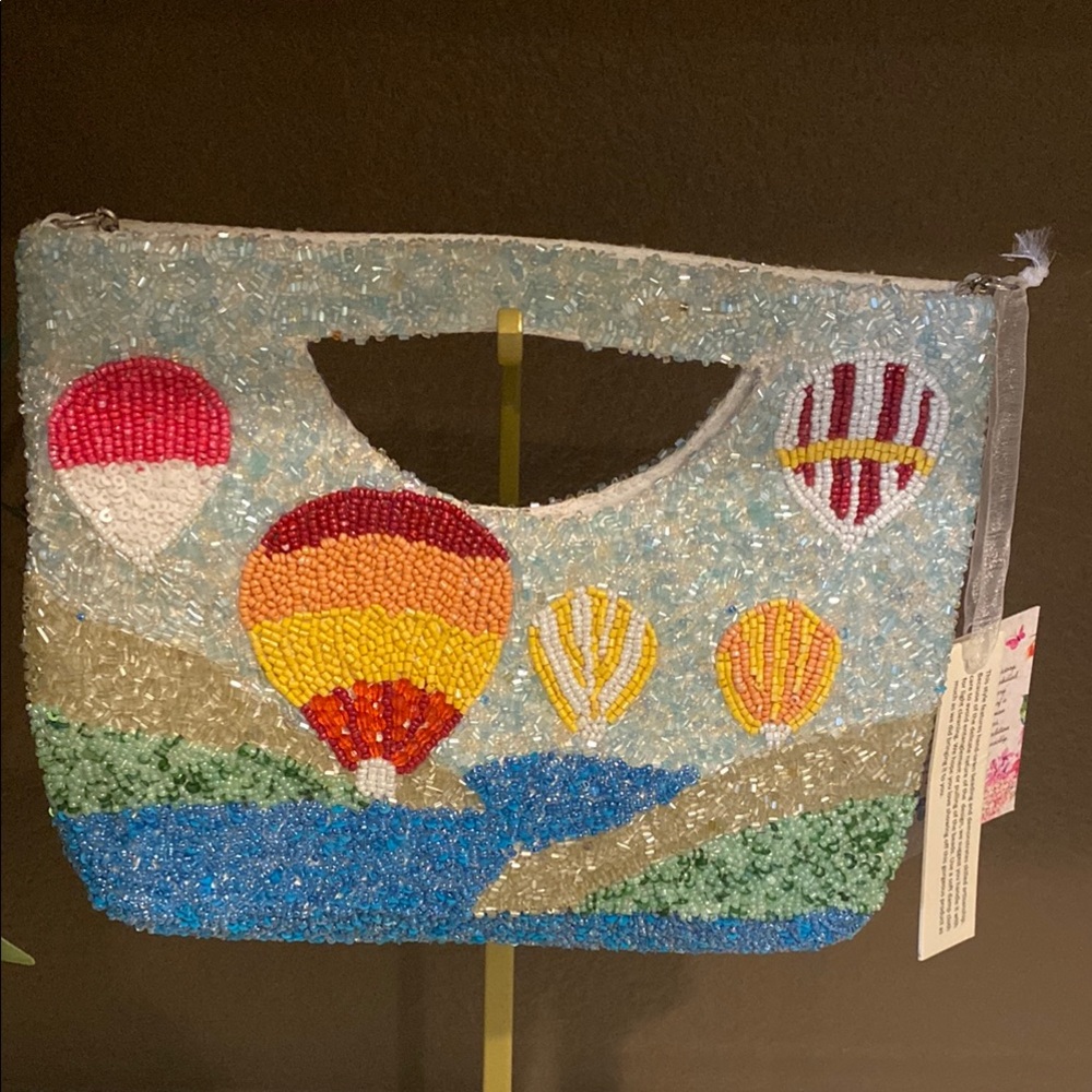Beaded Sky Blue Handbag with Hot Air Balloon Detail
